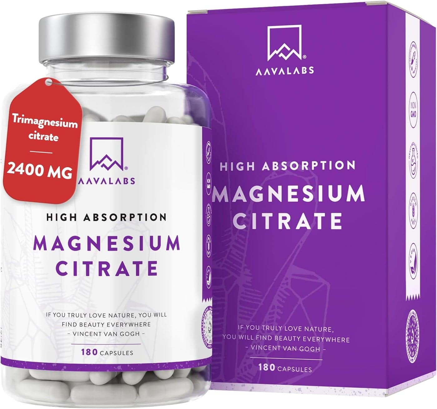 Aavalabs Magnesium Supplements for Women and Men 2400mg per Daily Dose 360mg Elemental 180 Magnesium Citrate Capsules 3 Capsules Per Day Vegan
