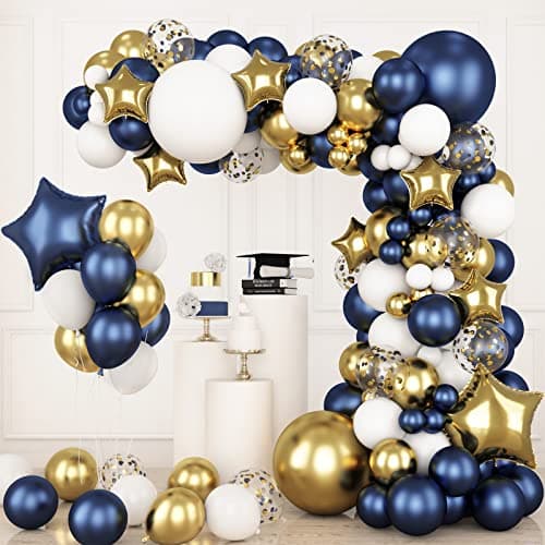 RUBFAC 176pcs Navy Blue Gold Balloons Arch Kit Navy Blue Balloon Garland Metallic Gold White Confetti Balloon Foil Balloons for Baby Shower Birthday Party Wedding Anniversary Graduation Decoration