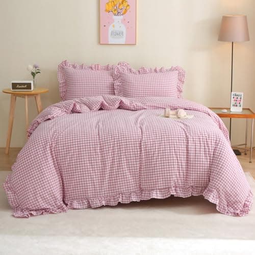 Silnuo Vintage Pink/White Plaid Ruffle 3-Piece Duvet Cover Set Full Size,Washed Cotton Shabby Gingham Checkered Bedding Set Farmhouse Comforter Set