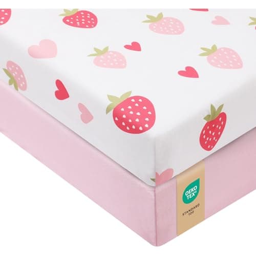 VivaCozy Baby Crib Sheets Girl Toddler Bed Sheets Fitted for 52x28 Inch Standard Crib Mattress for Baby Girls Set of 2 Super Soft Breathable Microfiber StrawberryPink 52x28 Inch Pack of 2