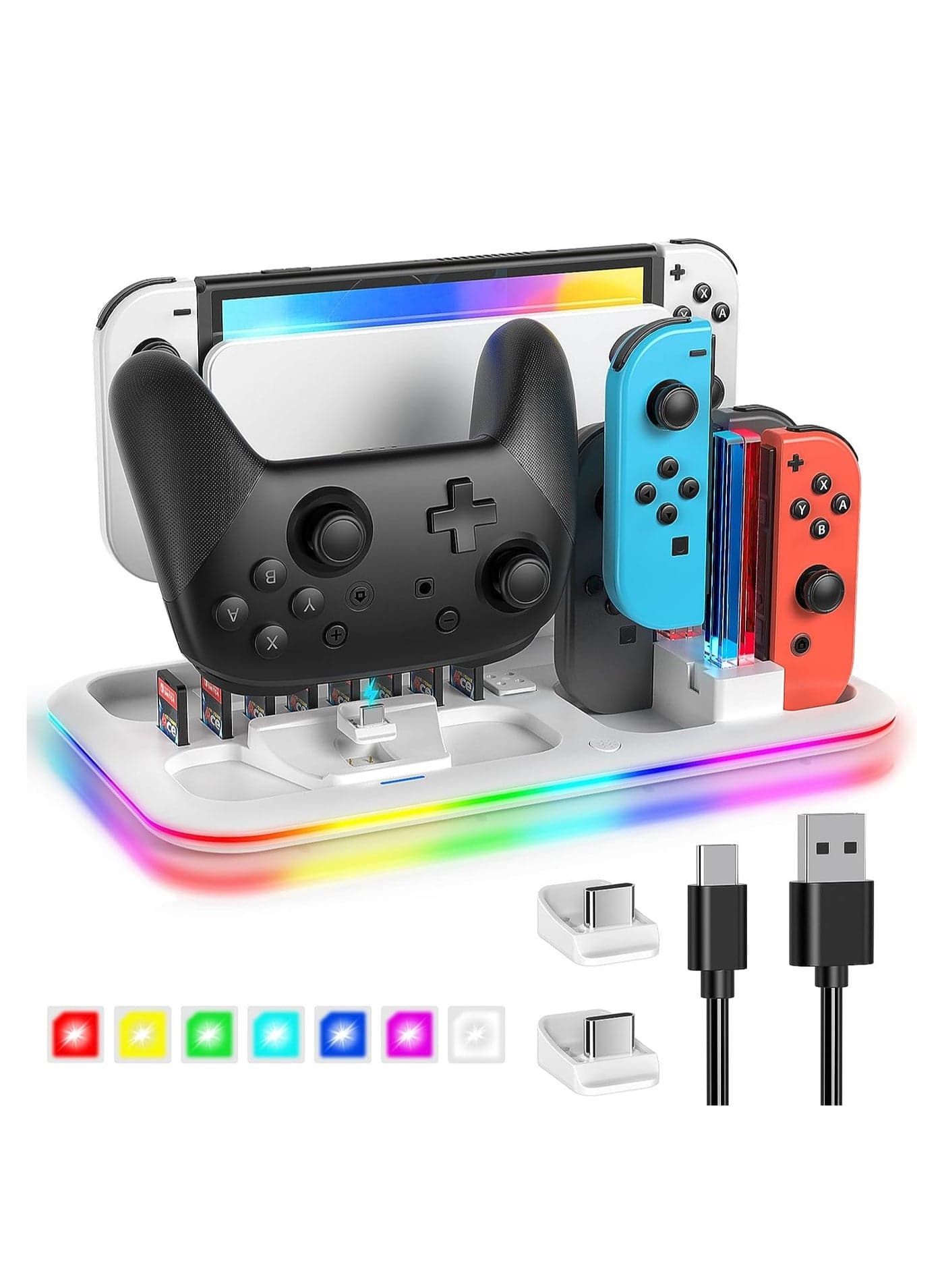 RGB Switch Controller Charger Dock Station, suitable for Nintendo Switch OLED Model Joycon, Stand for 4 Joy Cons and Switch Pro Controller with LED Charging Indicator and 8 Game Slots