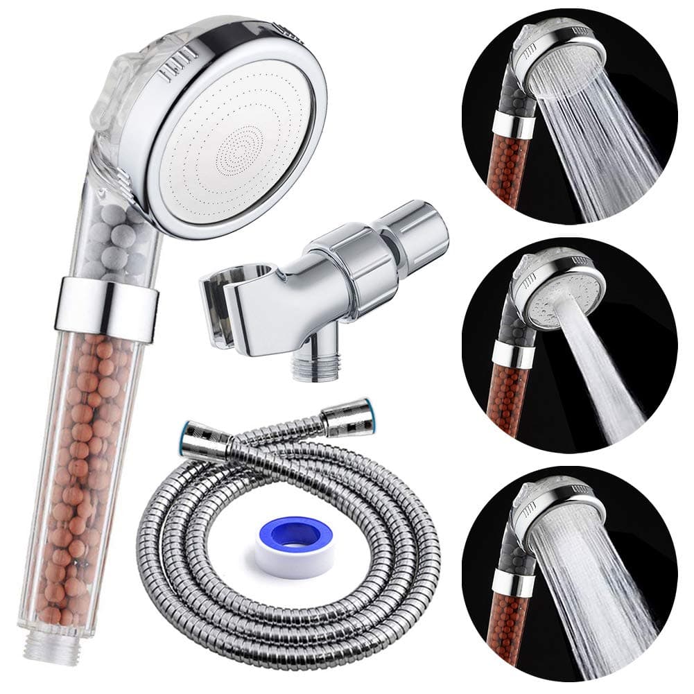 PRUGNA Filter Shower Head with Hose and Shower Arm Bracket High Pressure Water Saving Handheld Shower 3Settings Filter Showerhead for Dry Hair Skin SPA