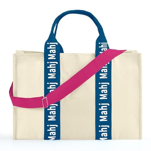 Locmeo Empty Mahjong Bag for Tiles 22x15x6 Inches Thickened Canvas Mahjong Carrying Tote Bag with Lining and Thicker Handle for Enthusiasts Women or Men Party Supplies Case OnlyWhite and Navy