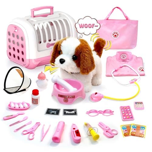 UBeesize Doctor Kit for Toddlers 35 with Interactive Plush Dog Kids Vet Playset with Medical Tools and Costume Toddler Doctor Play Set Toy Gift for Girls Ages 35 Pink