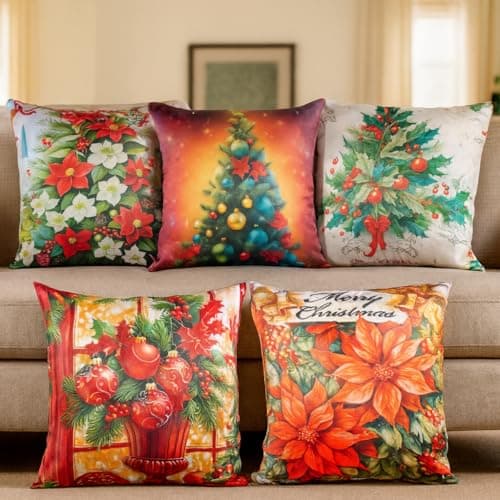 Vendola Decorative Merry Christmas Satin Cushion Cover 16 Inch x 16 Inch, Set of 5, 16" 16, Sofa Pillow Cover Set for Home, Sofa & Living Room, Christmas Tree Print, Red & Green, 16X16 Inches