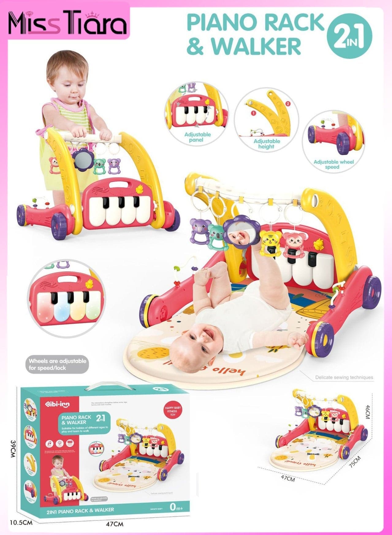 2-in-1 Sit-Stand Foldable Infant Fitness Walker and Musical Pedal Piano Play Mat with Removable Rattle Pendant Pad 4 Modes Assorted