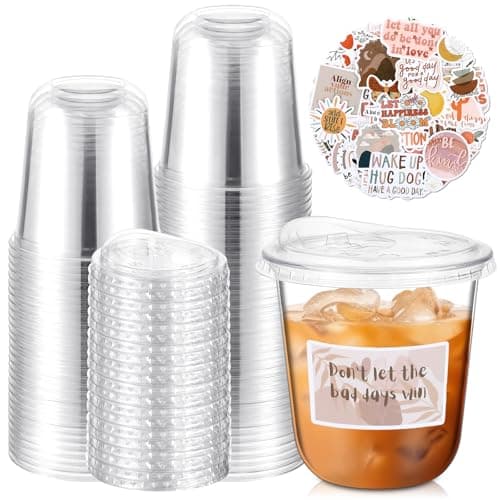 Acellegic 50 Sets Clear Plastic Cups with Strawless Sip Lids and Motivational Stickers, Iced Coffee Cups with Inspiring Stickers for Iced Coffee, Cold Drinks, Juice, Milkshake (Bohemian,12 oz)