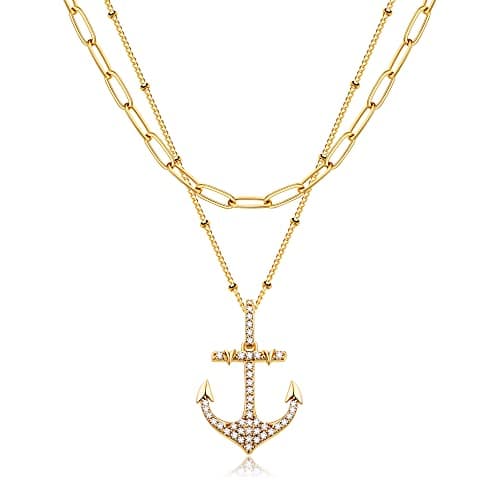 MEVECCO Gold Layered Choker Necklace for Women, 18K Gold Plated Dainty CZ Anchor Pendant Minimalist Paperclip Double Layer Necklace for Jewelry