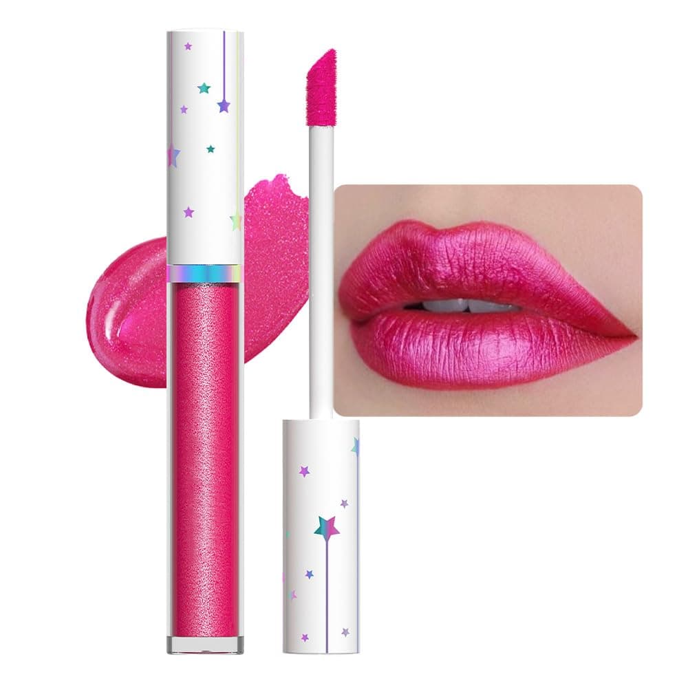 evpct 1Pcs Hot Pink Metallic Glitter Lip Gloss Stain lip color Lipstick for Women Long Lasting Waterproof 24 Rose Pink Frosted Metallic Shimmer Chrome iridescent Liquid Lipstick Lip Gloss Makeup 01