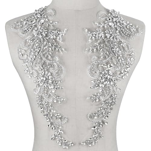 1 Pair Rhinestone Appliqué Patches for Dresses, 15.3"x5.9" Beaded Crystal Embellishments for Bridal Gowns, Evening Wear, Dance Costumes, Sewing DIY Projects, Wedding Dress, Clothing Design