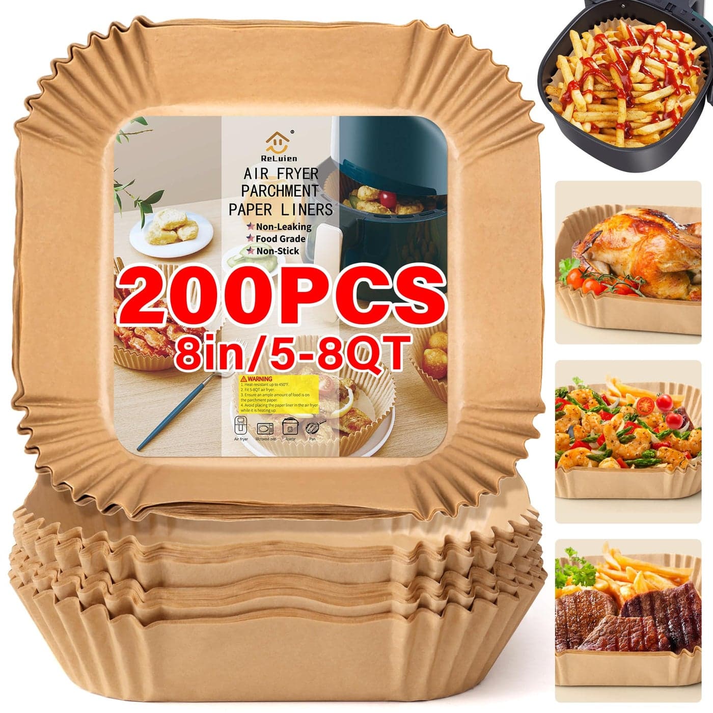 ReLuien 200pcs Air Fryer Liners Disposable 87 Square Parchment Disposable Paper Liner for Air Fryer Baking Roasting and Microwave NonStick liner Accessories