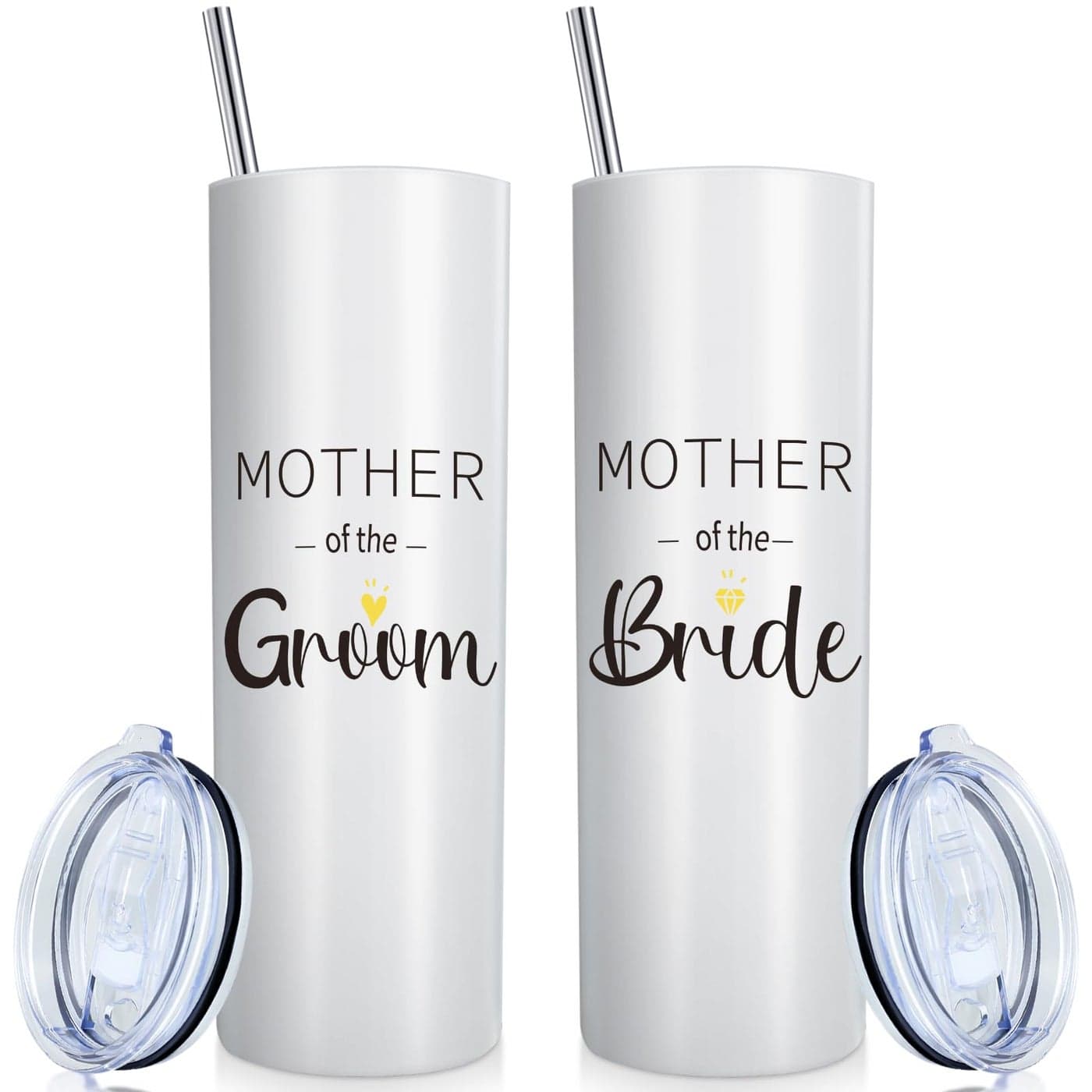 Cunhill 2 Pieces Mother of the Groom Mother of the Bride Mug Tumblers Wedding Gift for Engagement Announcement Party Insulated Tumbler Stainless Steel with Lid Straw Brush WhiteStraight Style