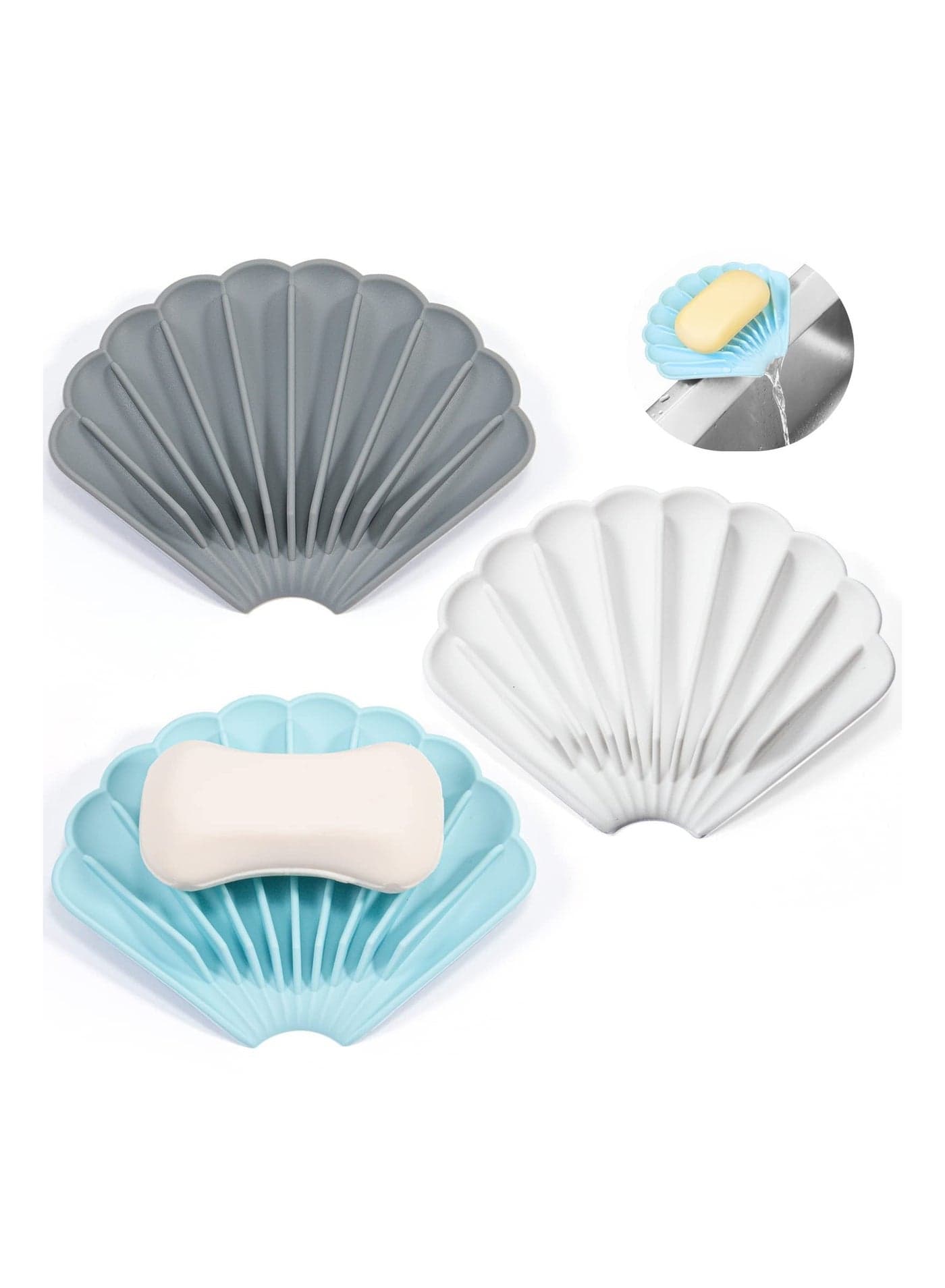 3 Pack Silicone Soap Holder, Holder with Drainage Waterfall Self Draining Dish Dry Clean Bar Self-Drying Saver for Shower Kitchen Bathroom and Counter Top
