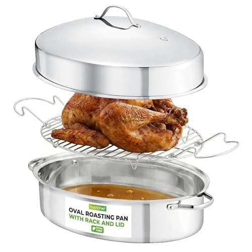 NutriChef 20" Oval Roasting Pan with Rack and Lid - Premium Stainless Steel Roaster Dish w/ Wide Handles & Removable Rack, Multi-Use Cookware for Turkey, Chicken, Stews, & More - Dishwasher Safe