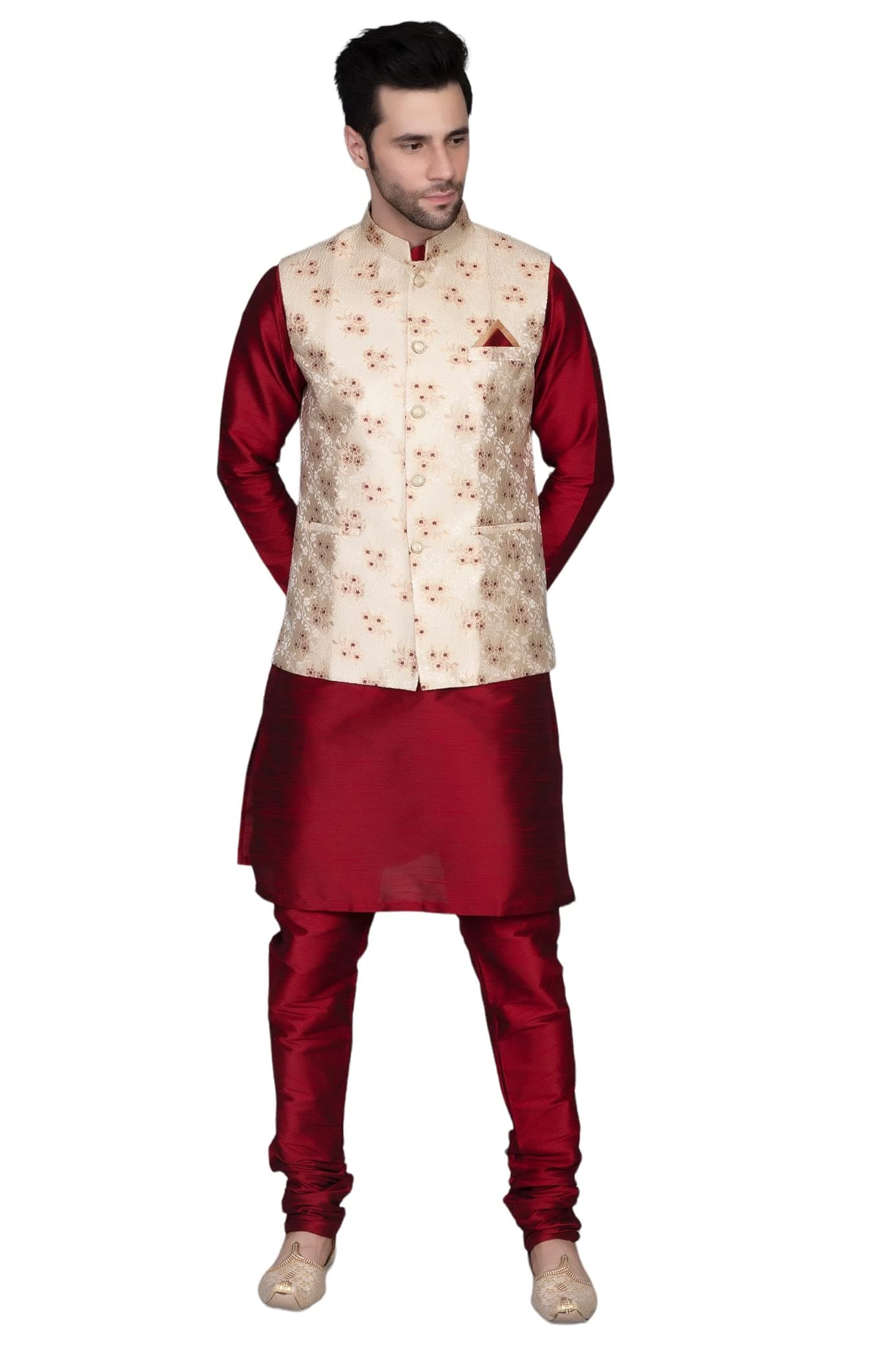 Ethluxis Silk Blend Men's Regular Fit Kurta Churidar Pyjama With Ethnic Bundi Nehru Jacket (44, Maroon)