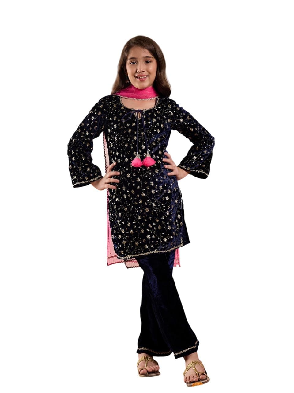 Pspeaches Girls Velvet Full Sleeves Embroidered Kurta And Pant With Dupatta 3 Piece Set|Ethnic Wear For Kids Girls|Traditional & Festive Outfit 12-13 Year Navy