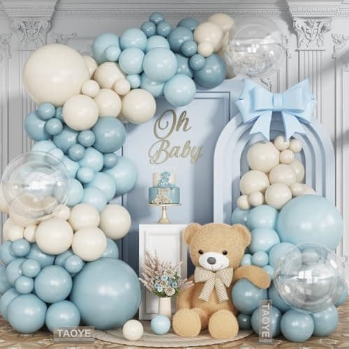 Dusty Baby Blue Balloon Arch Kit Blue Beige Balloons Garland Slate Fog Baby Blue Ivory White Balloons with 3PCS 18Inch Clear Balloons for Men Boy Baby Shower Christening Birthday Party Decorations