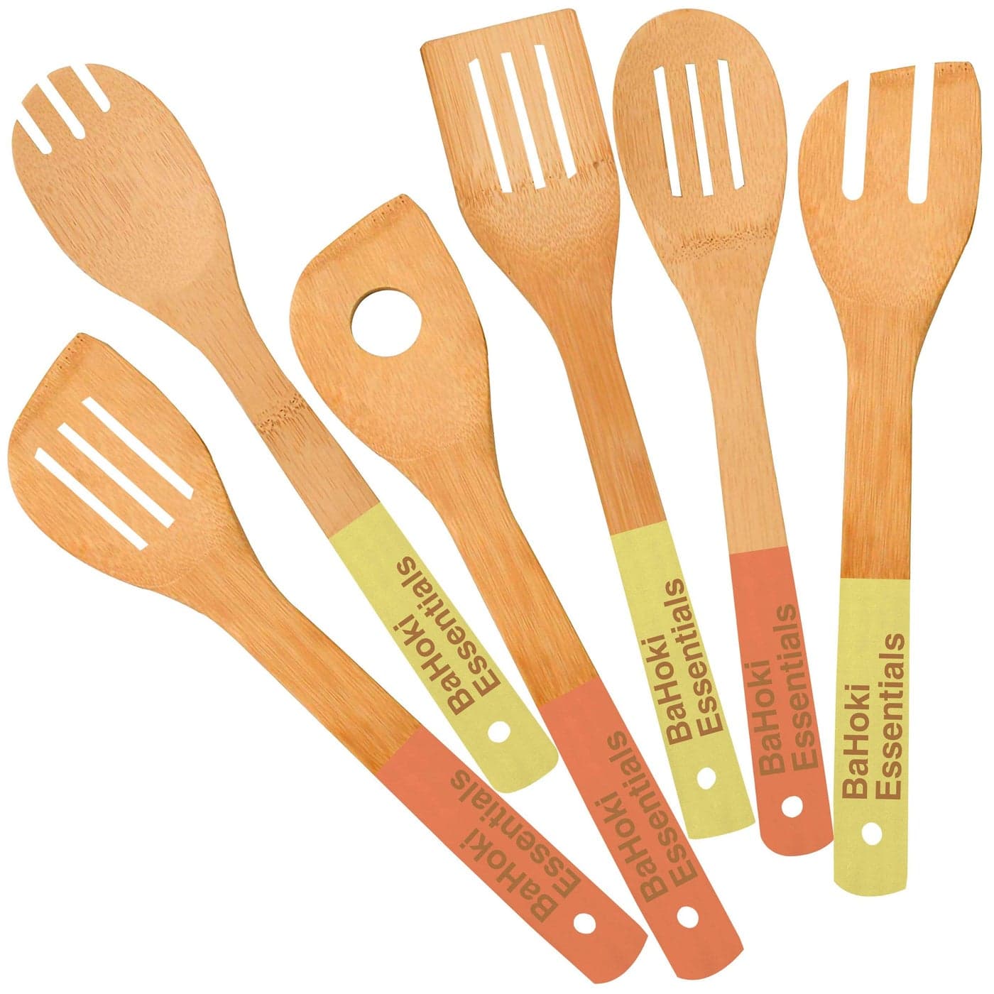 BaHoki Essentials Bamboo Cooking Utensils Assorted Natural Cooking Wooden Utensils ChemicalFree Great for The Average Cook with Dip Dyed Handles in Yellow and Orange Set of 6