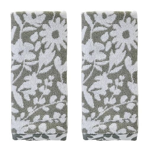 SKL Home Bedford Floral 100% Cotton Premium 2-Piece Hand Towel Set, 600 GSM, Soft & Absorbent, Reversible Jacquard, Decorative for Bath/Kitchen/Bar & Gift, Sage
