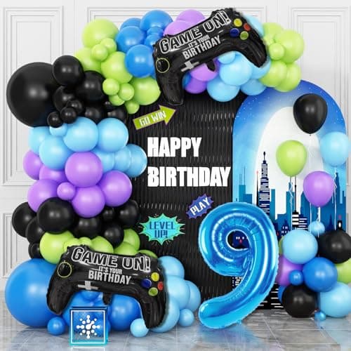 9th Birthday Video Game Balloons Arch 9th Party Balloons Garland Kit 9th Game Birthday Supplies with Blue Number 9 Balloon Game Foil Balloons for 9 Year Old Teens Boys Decor