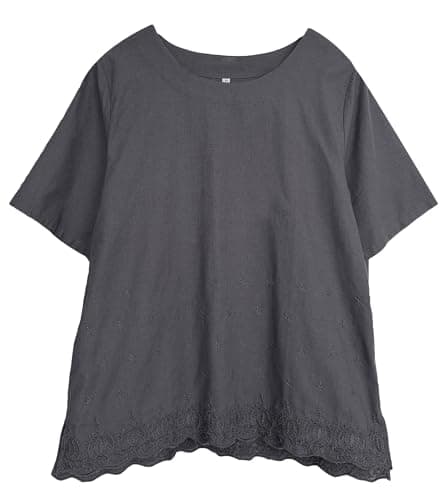 Minibee Women's Summer Linen Tunic Shirt High Low Hem Embroidery Blouse Top Dark Gray L