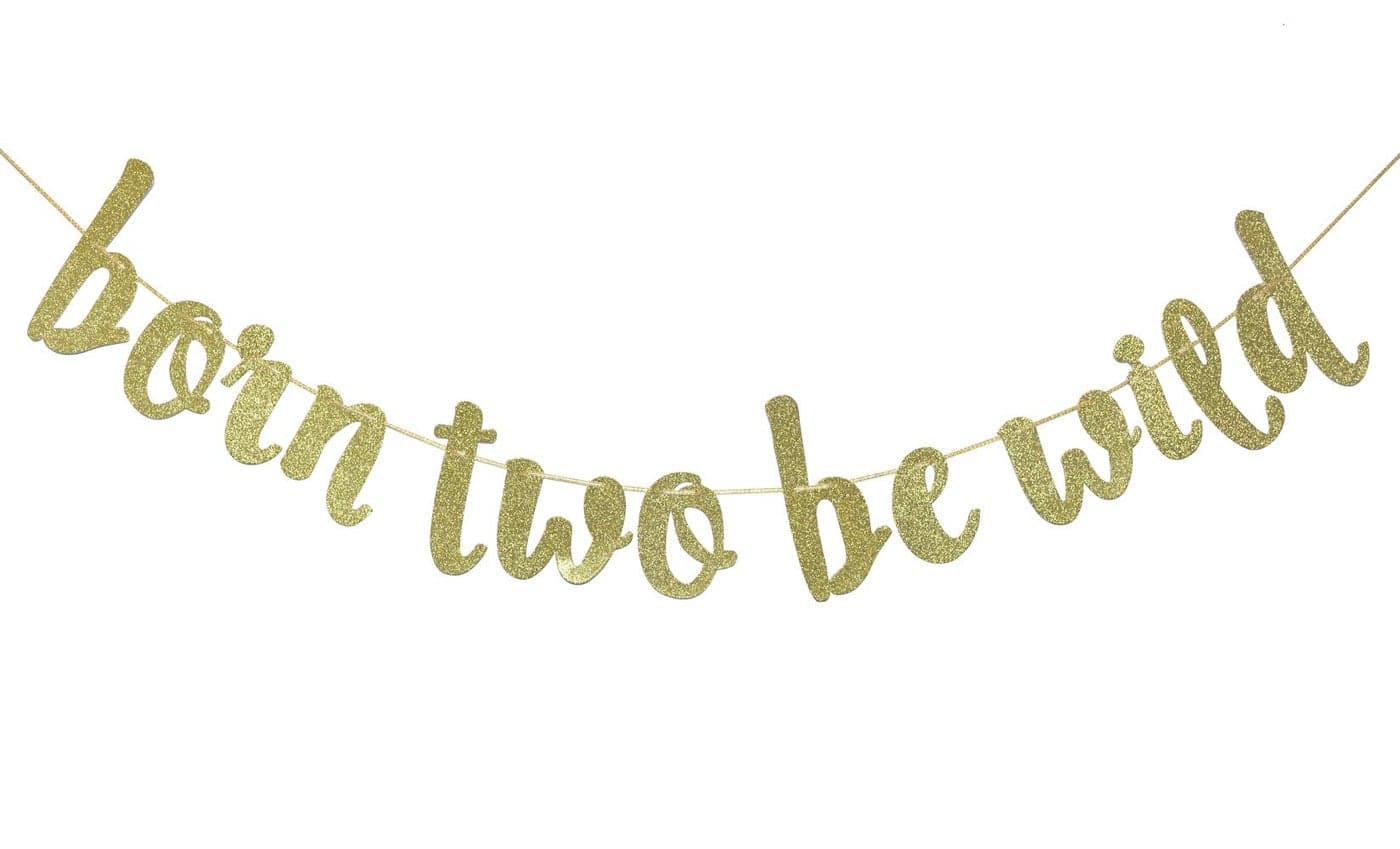 Born Two Be Wild Glitter Banner Two Years Old Banner 2nd Birthday Party Decor Gold