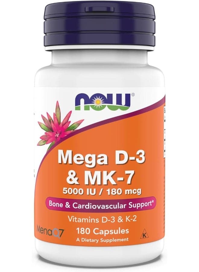 NOW Supplements, Mega D-3 & MK-7, 5000 IU / 180 mcg, Bone & Cardiovascular Support*, Vitamins K-3 & K-2, 180 Capsules