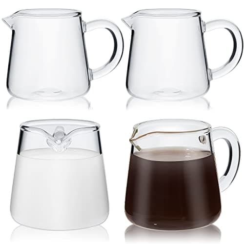Leinuosen 4 Pcs Small Glass Creamer Pitcher Set Transparent Mini Poured Glass Tea Pitcher, Milk and Coffee Serving Jugs for Tea Milk Coffee(Handle Style)