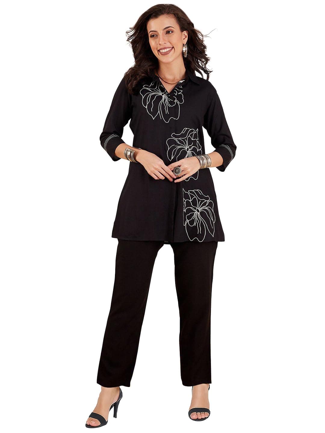 Shasmi Women's Elegant Black Co Ord Set for Women Stylish Kurta Ethnic 3/4 Sleeve Co-ord Set (Co-Ords 191 Black-L)