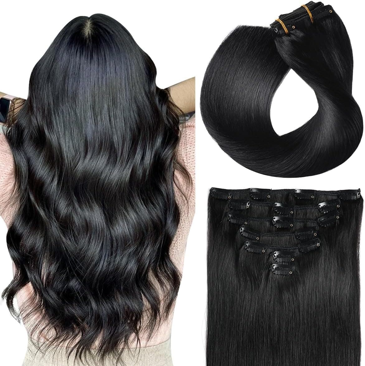 SUYYA Clip in Hair Extensions Real Human Hair Silky Straight Remy Hair Extensions Clip in 7 PCS Double Weft Seamless Clip in Hair Extension 14 Inches 1 Jet Black 70G