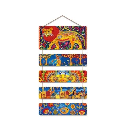 Artvibes Elephant Lion Peacock & Women Tribal Folk Art Decorative MDF Wooden Wall Art for Home | Wall Sculpture | Signs & Plaques | Handcrafted Art | Wall Poster | Art For Wall | Gifts (WH_6723N)