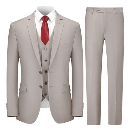 Cooper & Nelson 3 Piece Mens Suit Set, 2 Button Slim Fit Suit for Men, Solid Jacket, Vest, Pants and Tie Beige M