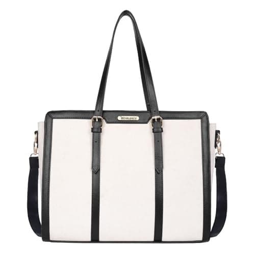 Womanix Canvas Laptop Tote Bags for Women, Work Bag,15 inch tote for Women, Large Capacity Handbag for Office, School, Travel, Teacher Purse (Beige Black)