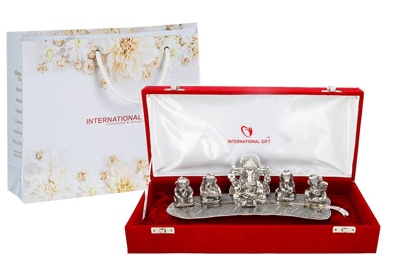 INTERNATIONAL GIFT® Silver Plated Musical Ganesh Idol (Murti) Oxidized Finish with Beautiful Red Velvet Box Packing and with Carry Bag (8H x 28W x 6L Centimeters)
