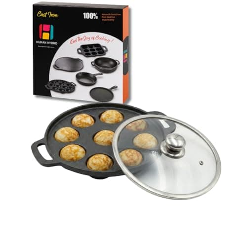 Human Hydro Pre-Seasoned Cast Iron 9 Pit Paniyaram Pan (23CM) with Glass Lid | Naturally Nonstick & Toxin-Free | Induction & Gas Compatible | Appam, Paddu & Kuzhi Paniyaram Pan