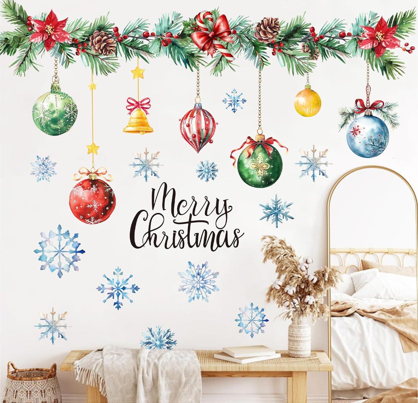 JarThenaAMCS Merry Christmas Wall Stickers Xmas Ball Snowflake Holly Berry Wall Decals Large Room Mural Stickers for Home Party Decor 118 x 354 Inch 2 Rolls