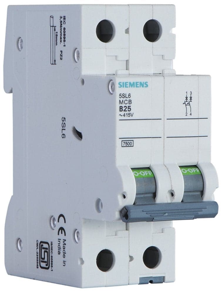 Siemens 5SL62257RC25A 2P 2MW 75kA TYPEC AC240415V 5060Hz MCB