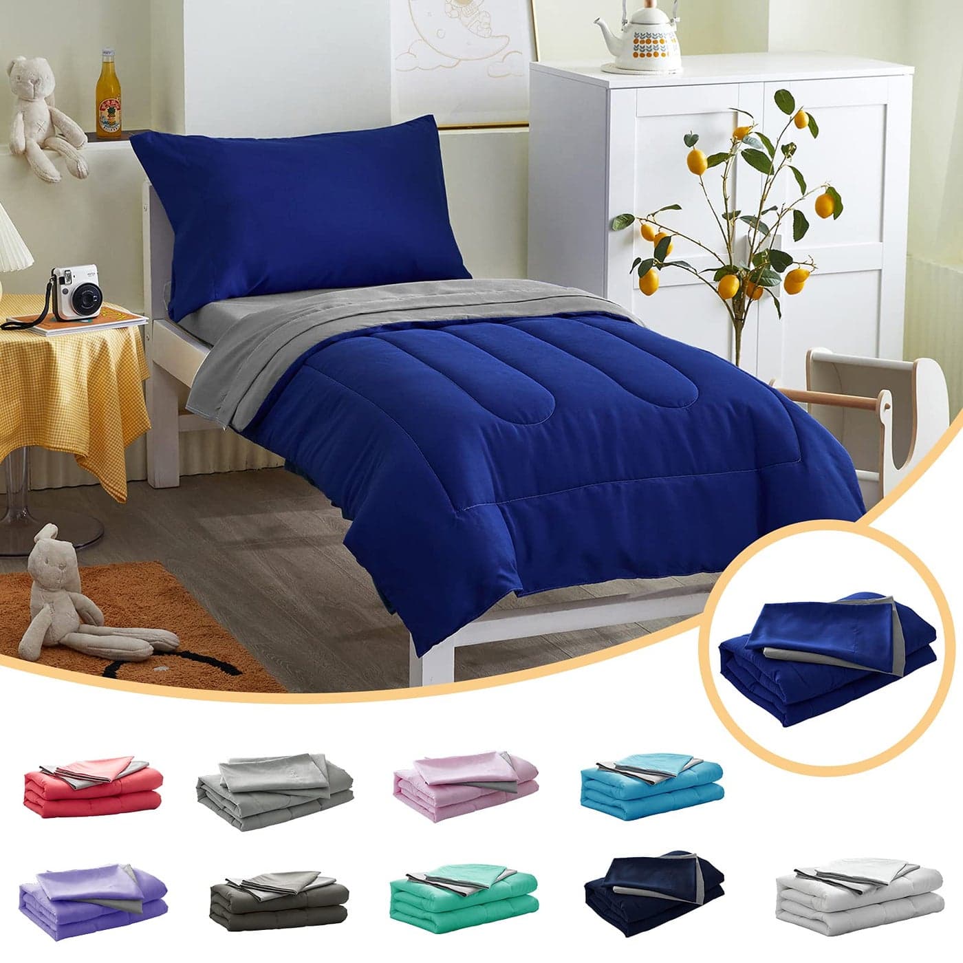 4 Pieces Toddler Bedding Set Ultra Soft and Breathable Toddler Comforter Sheet Set for Autumu and Winter Includes Warm Comforter Flat Sheet Fitted Sheet and Pillowcase Royal Blue Gray