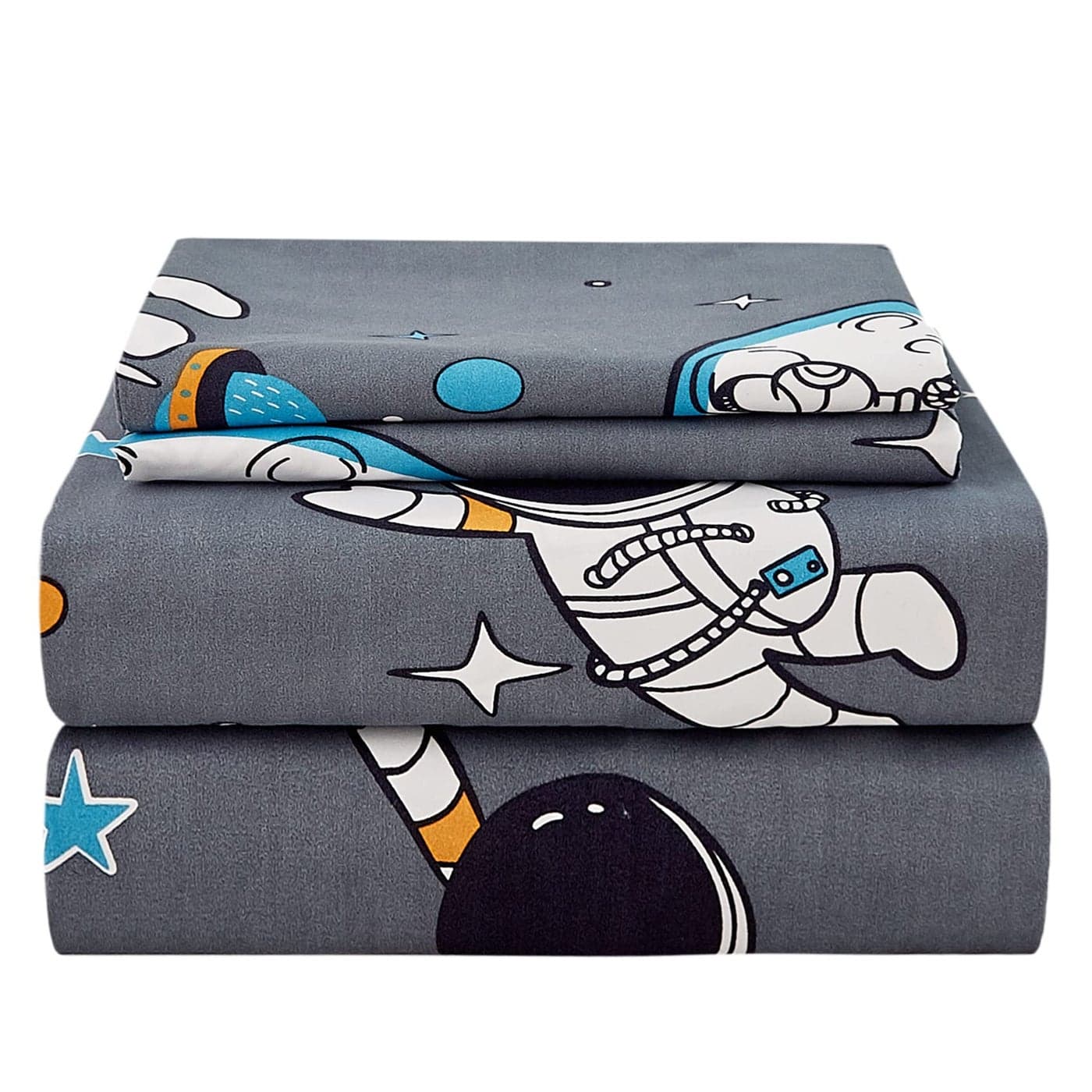 JSD Grey Astronaut Kids Sheet Set Full Size 4 Piece Boys Space Adventure Printed Microfiber Sheets Deep Pocket