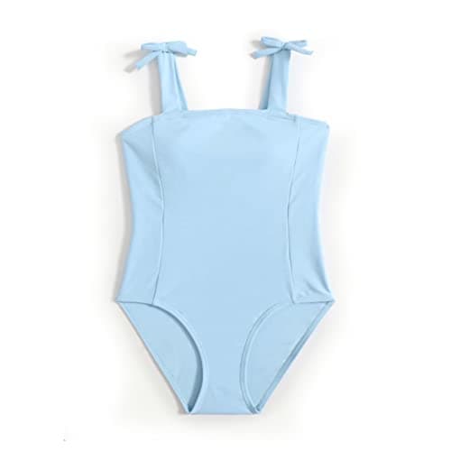 MIENOE Girls' One Piece Swimsuit Kids Blue Bathing Suit with Chest Pads UPF 50+ Sun Protection Swimwear (Size 6-8 Years)