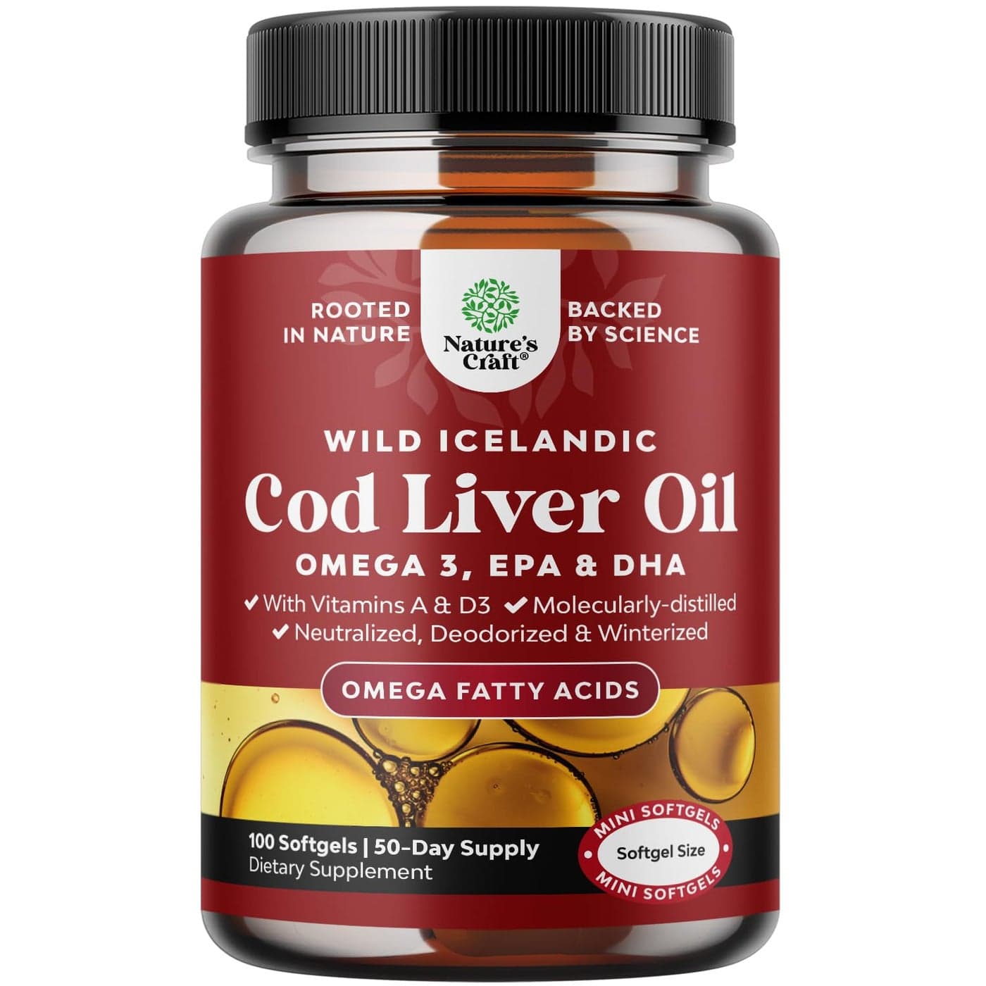 Icelandic Wild Caught Cod Liver Oil Softgels Fish Omega 3 EPA DHA Vitamin D A 1000mg Per Serving Burpless Capsules for Heart Joint Brain Immune Support 100 Count
