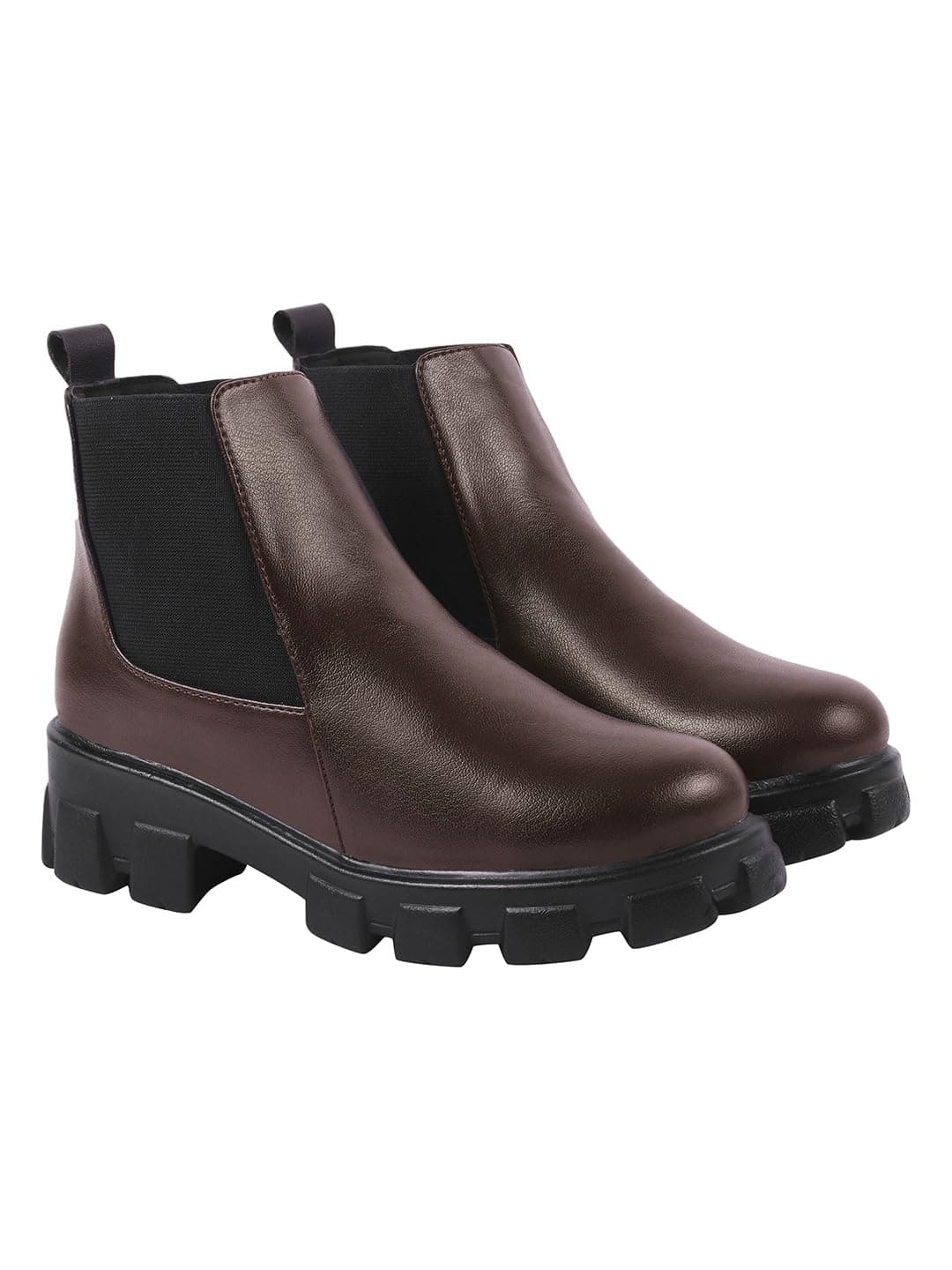 Shoetopia Women's Chunky Chelsea Boots – Brown Ankle Booties with Lug Sole, Slip-On Elastic Side Panels, Stylish Fall/Winter Footwear EU37