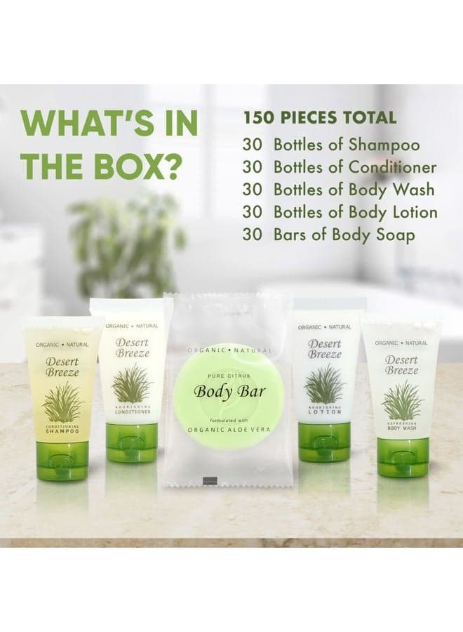 Desert Breeze Hotel Soaps & Toiletries Bulk Set | 1-Shoppe Amenities Kit | 1oz Shampoo & Conditioner, Body Wash, Lotion, Bar Soap | Travel Size | 150 Pieces