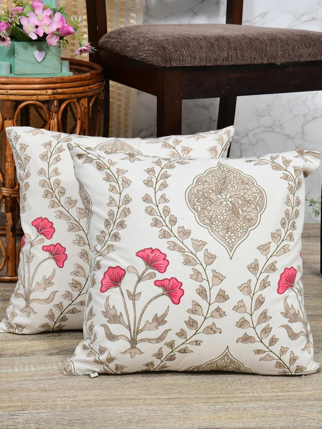 Clasiko Cotton Cushion Covers; Living Room Throw Cushion; Set of 2; 16x16 Inches; Pink Beige Floral