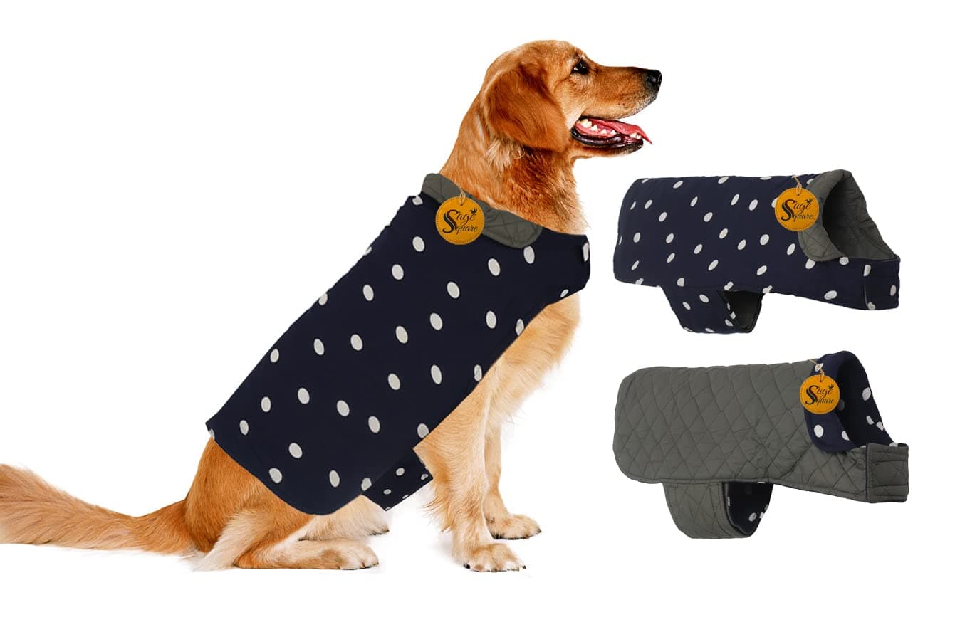 Sage Square Reversible Polka Dot Dog Winter Coat – Weatherproof Pet Jacket, Insulated, Adjustable, Soft & Snug for Warm & Cozy Comfort for Indoor & Outdoor (Navy Blue and Grey) (XLarge - 28 Inches)