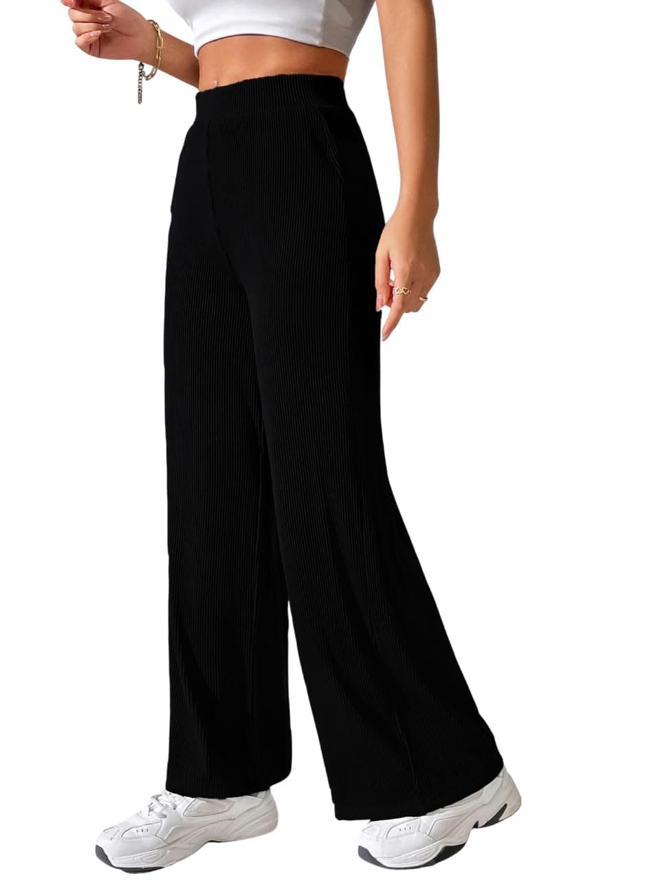 Preneum Women High Waist Korean Wide Leg Trousers, Loose Fit Casual Lounge Pants, Travel, Office & Streetwear Comfortable Stylish Bottom Wear (Available Plus Size) Black