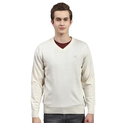 Monte Carlo Mens Cream Solid V Neck Pullover (1240520VN-925-44)