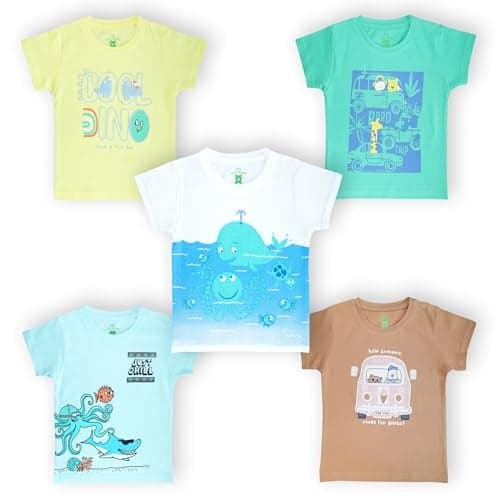 YUV Infant Baby Boys & Girls Cotton Printed Multicolor Half Sleeve Regular Fit T Shirts - 12 To 18 Months Babies, Pack Of 5, 12 -18 Month