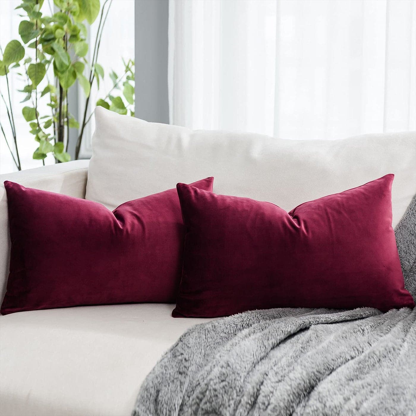 QUAFOO Burgundy Christmas Decorative Lumbar Velvet Throw Pillow Covers 12x20 inch Set of 2 with Zipper Luxury Soft Solid Rectangle Cushion Covers Case for Sofa Couch Bed Living Room