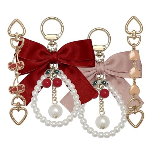 Nalefow 4Pcs Purse Extender Chain & Bow Keychain Kit - 2 Extender Chains & 2 Bow Charms - Handbag Strap Extenders, Replacement Purse Making Supplies, Bag Accessories (Pink & Red Cherry)